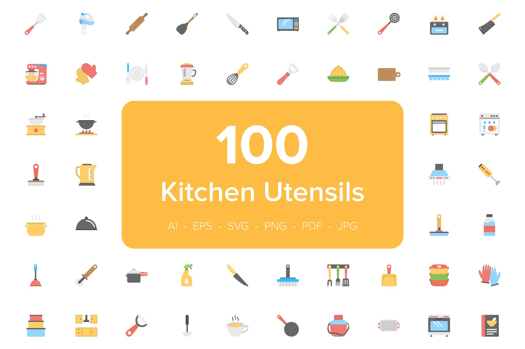 100 Kitchen Utensils Flat Icon