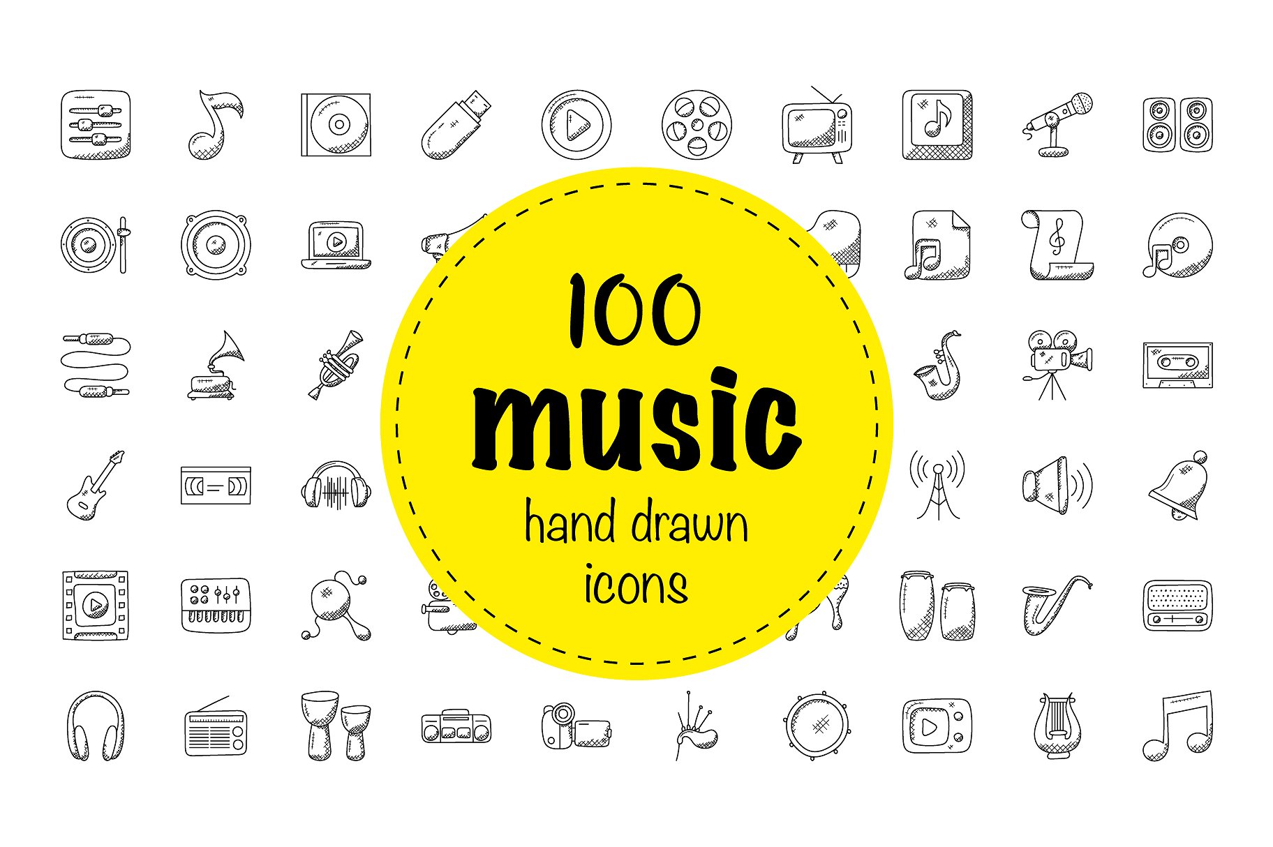 100 Music Hand Drawn Icons Set