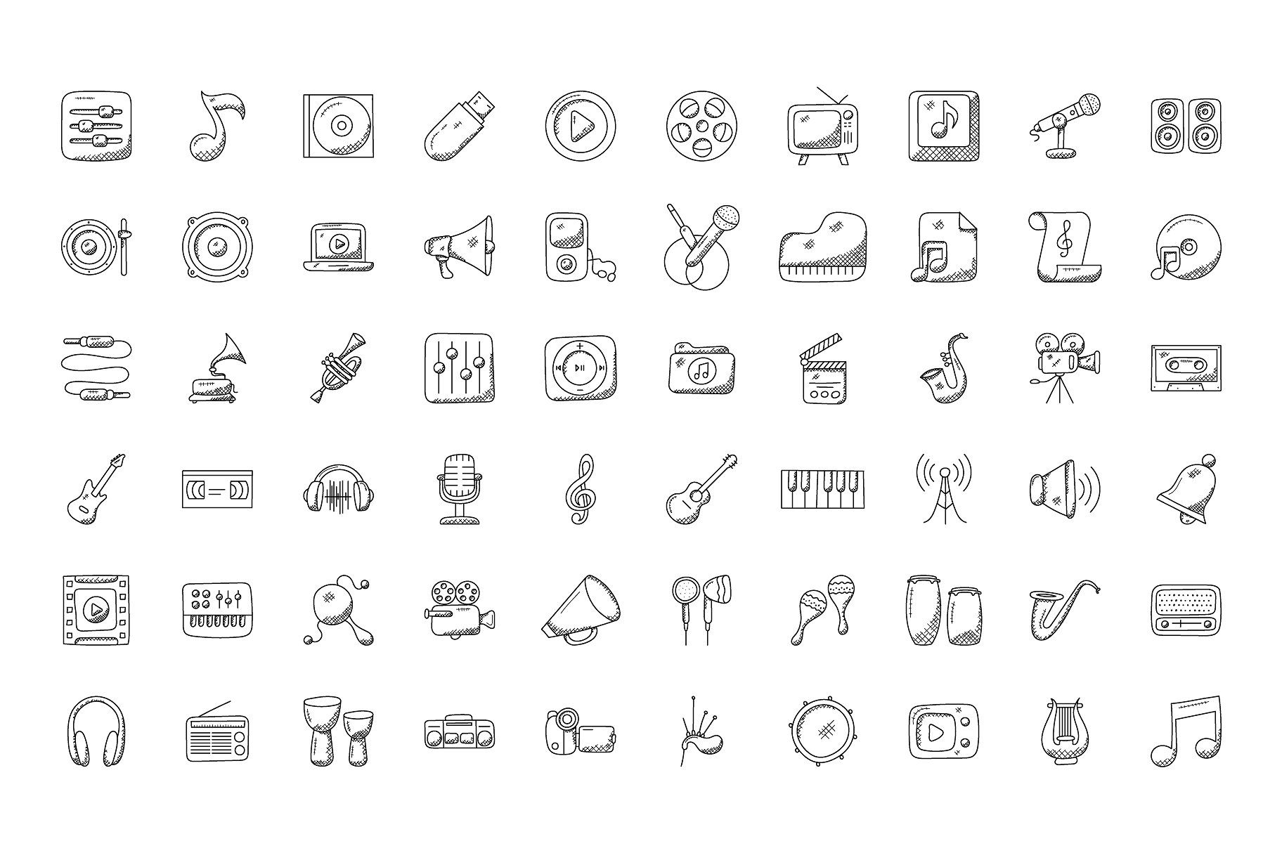 100 Music Hand Drawn Icons Set