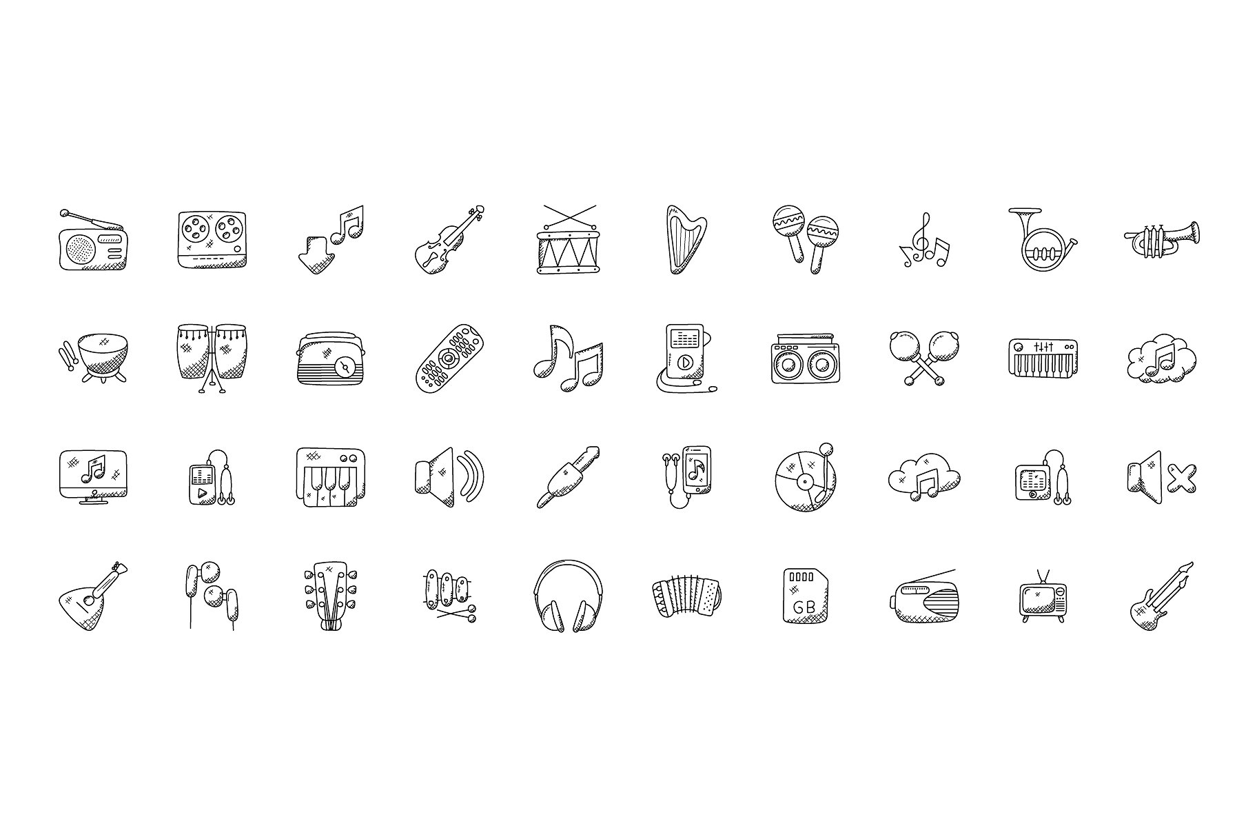 100 Music Hand Drawn Icons Set