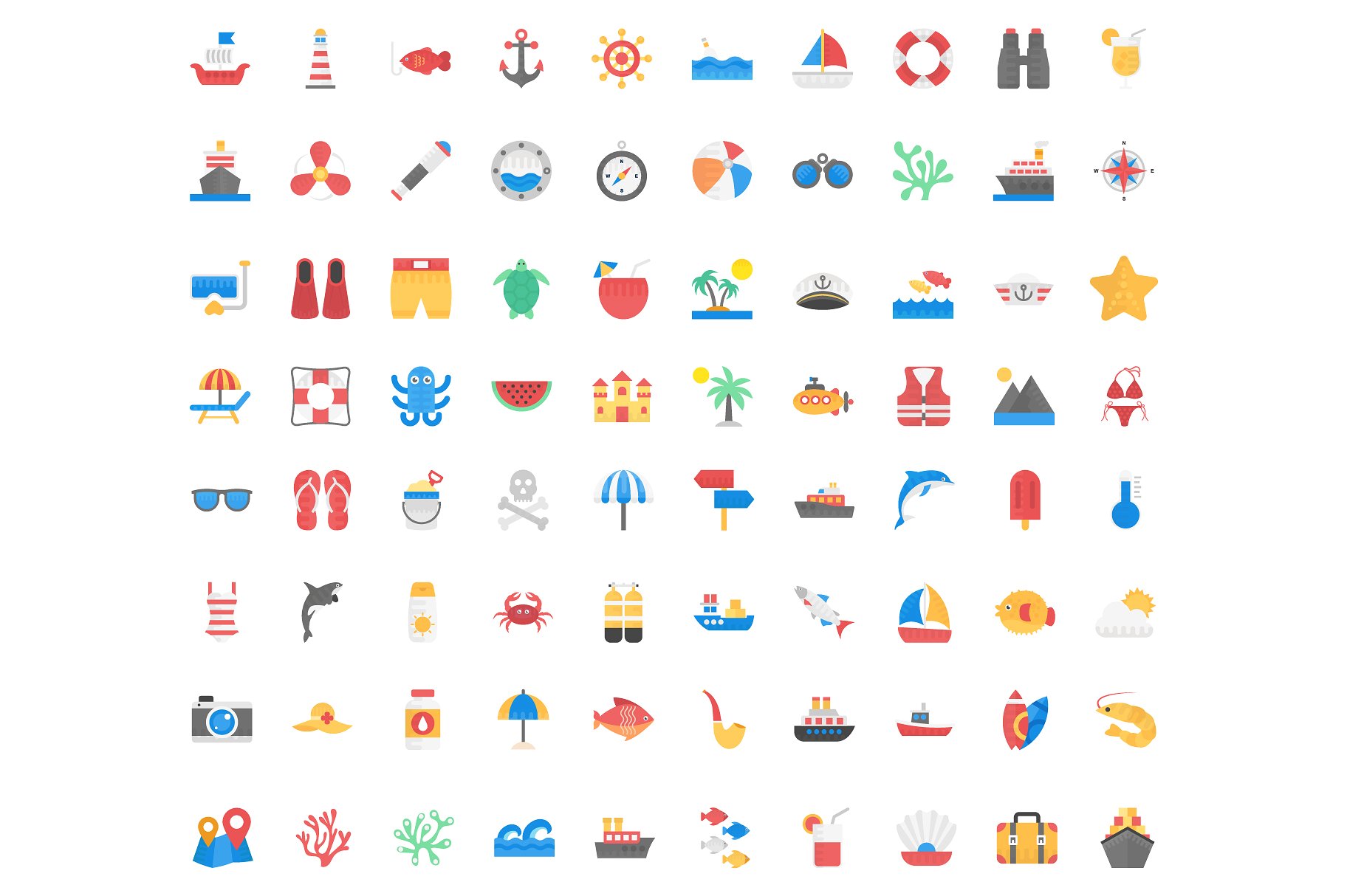 80 Flat Icons Set of Sea Life