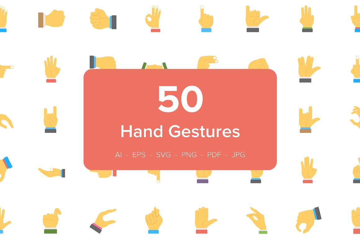 50 Hand Gesture Flat Icons Set