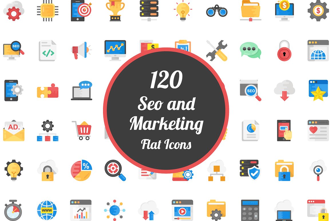 120 Flat Icons on SEO and Mark