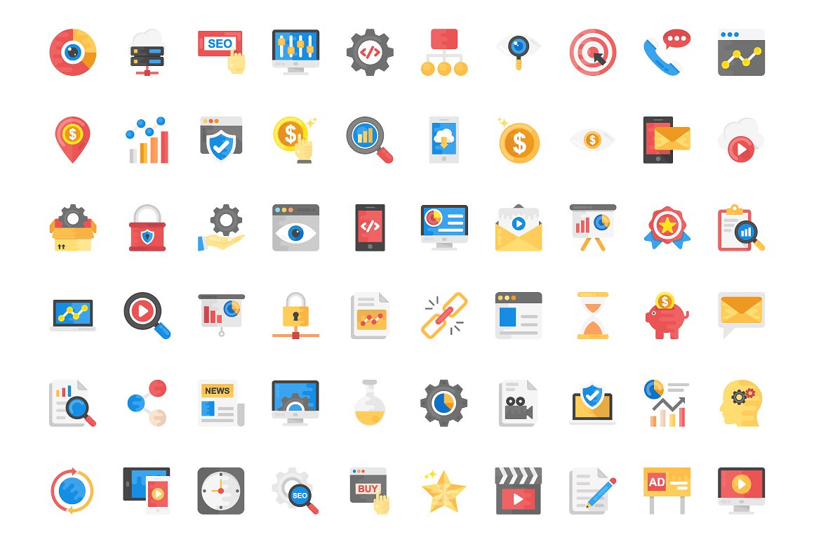 120 Flat Icons on SEO and Mark