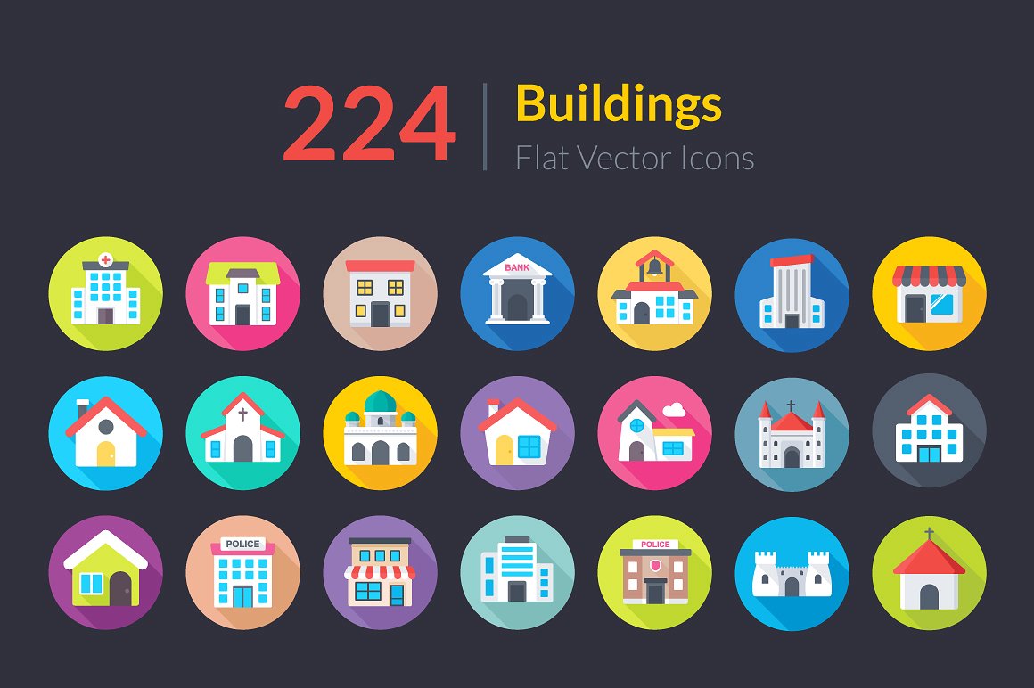 224 Flat Building Icons