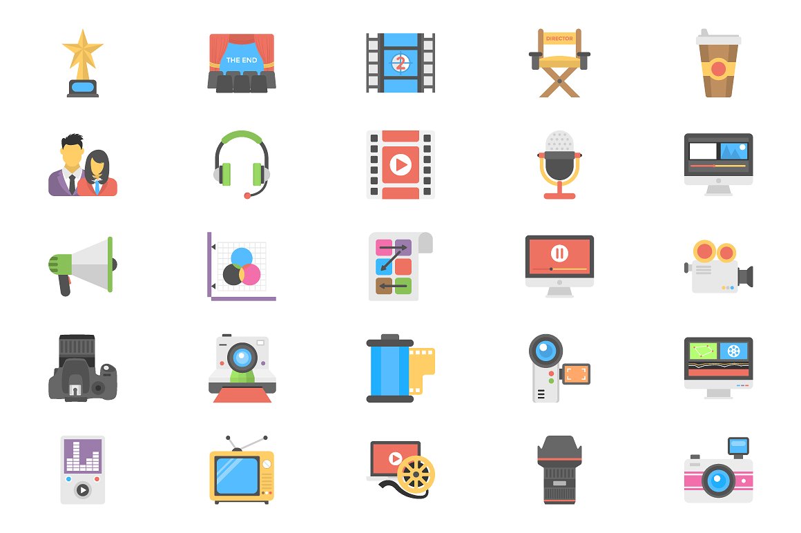 50 Flat Film Making Icons