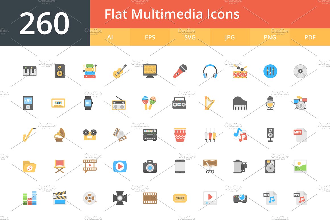 260 Flat Multimedia Icons