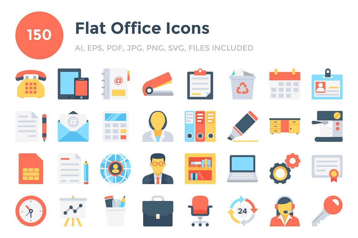 150 Flat Office Icons