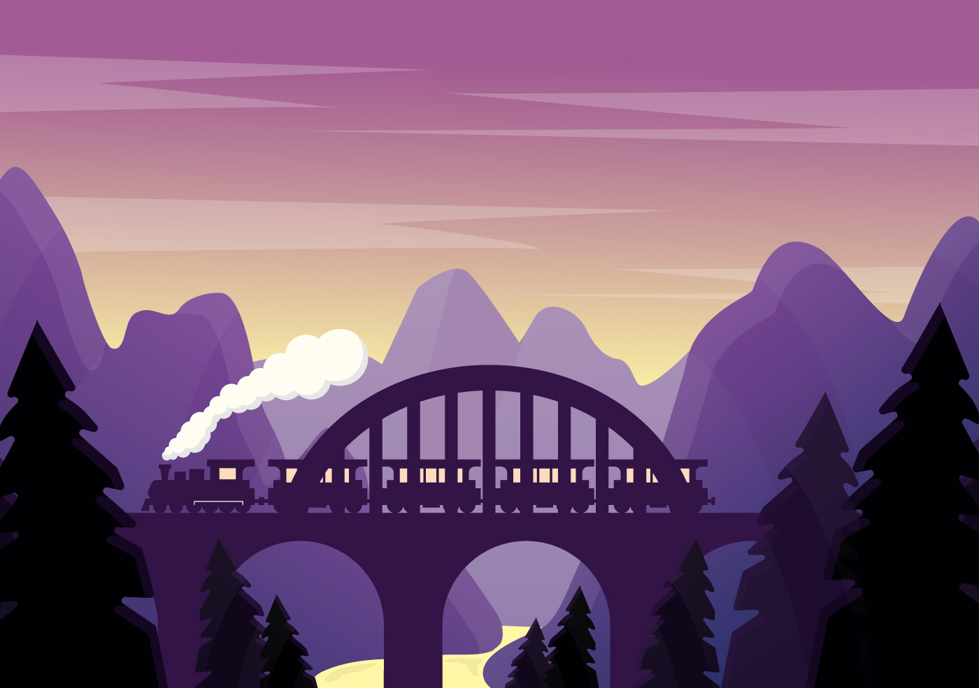 矢量紫色桥梁铁路景观插图Vector Purple Land