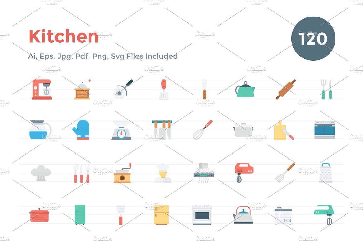 120 Flat Kitchen Icons