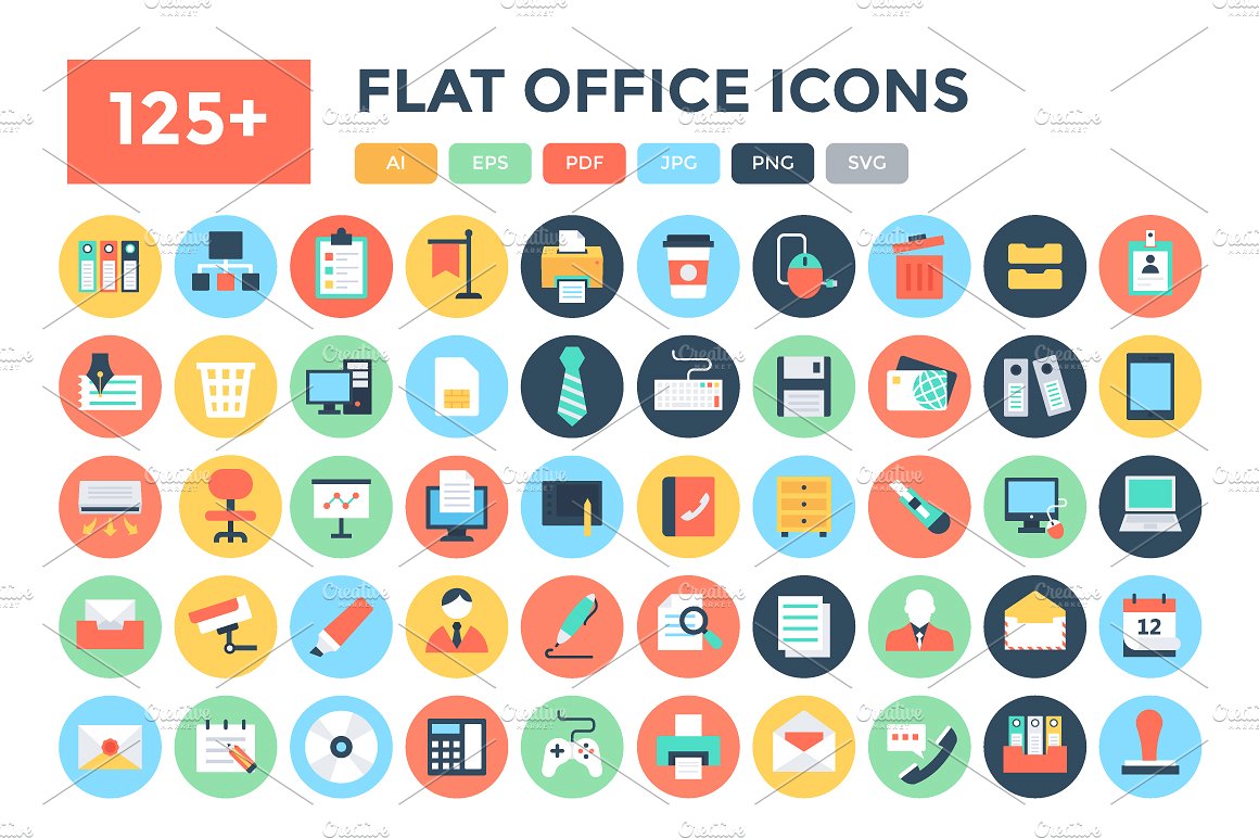 125 Flat Office Vector Icons