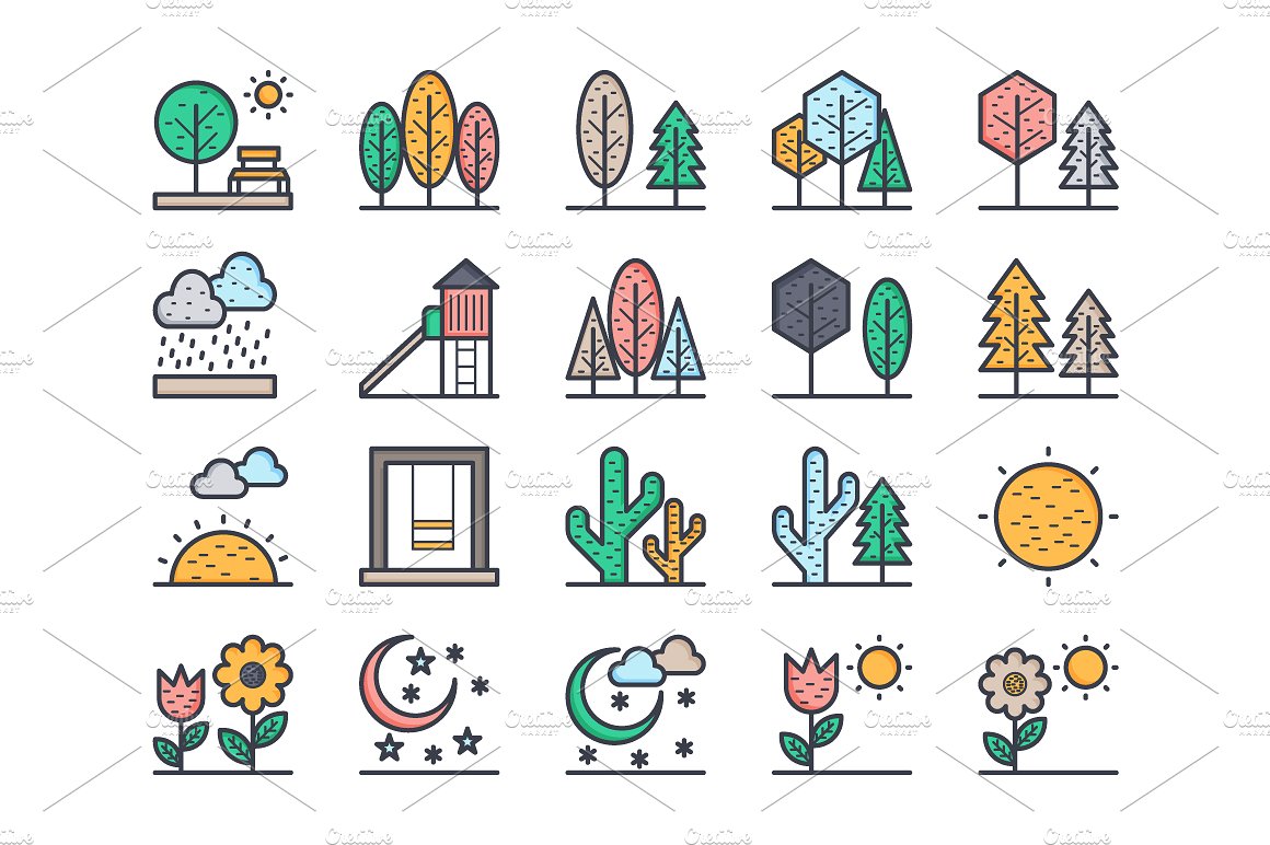 125 Flat Nature Icons Set