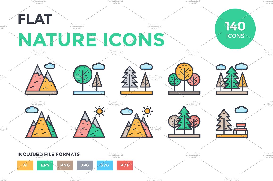 125 Flat Nature Icons Set