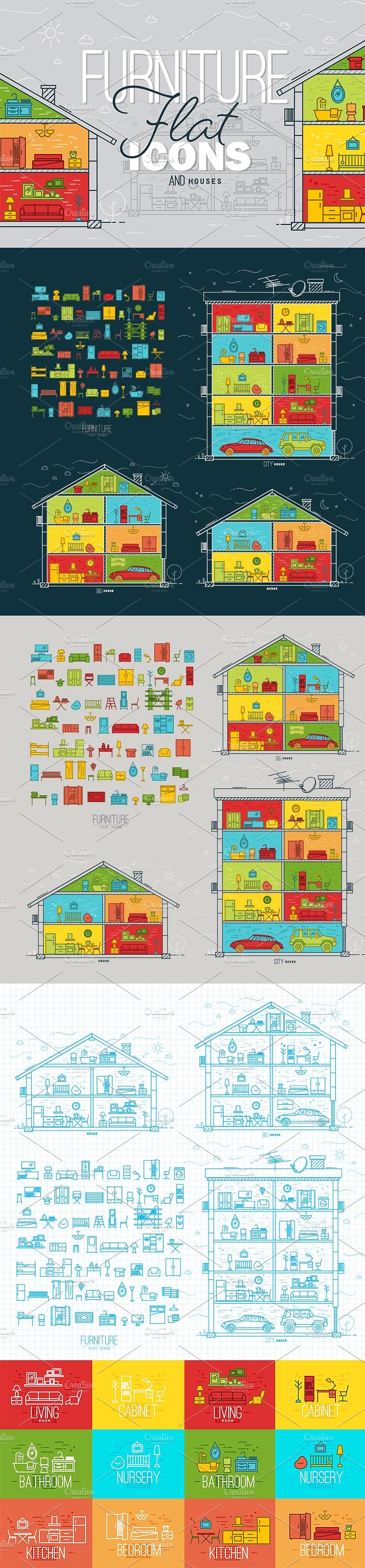 Flat furniture icons and house