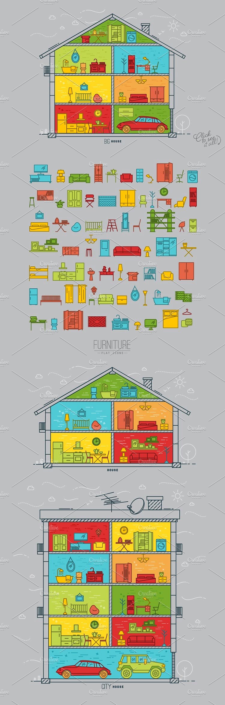 Flat furniture icons and house