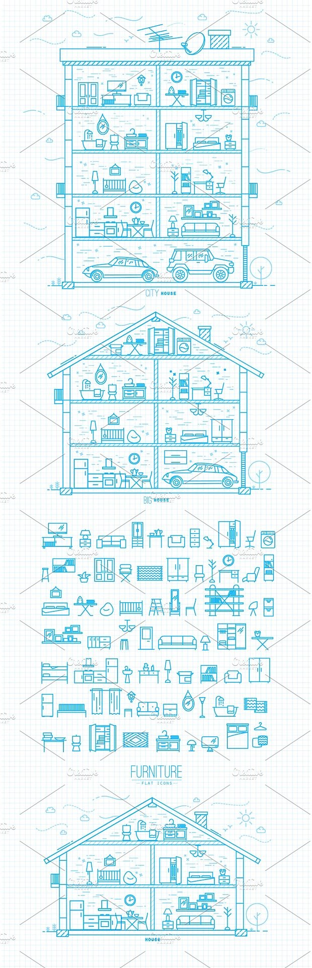 Flat furniture icons and house