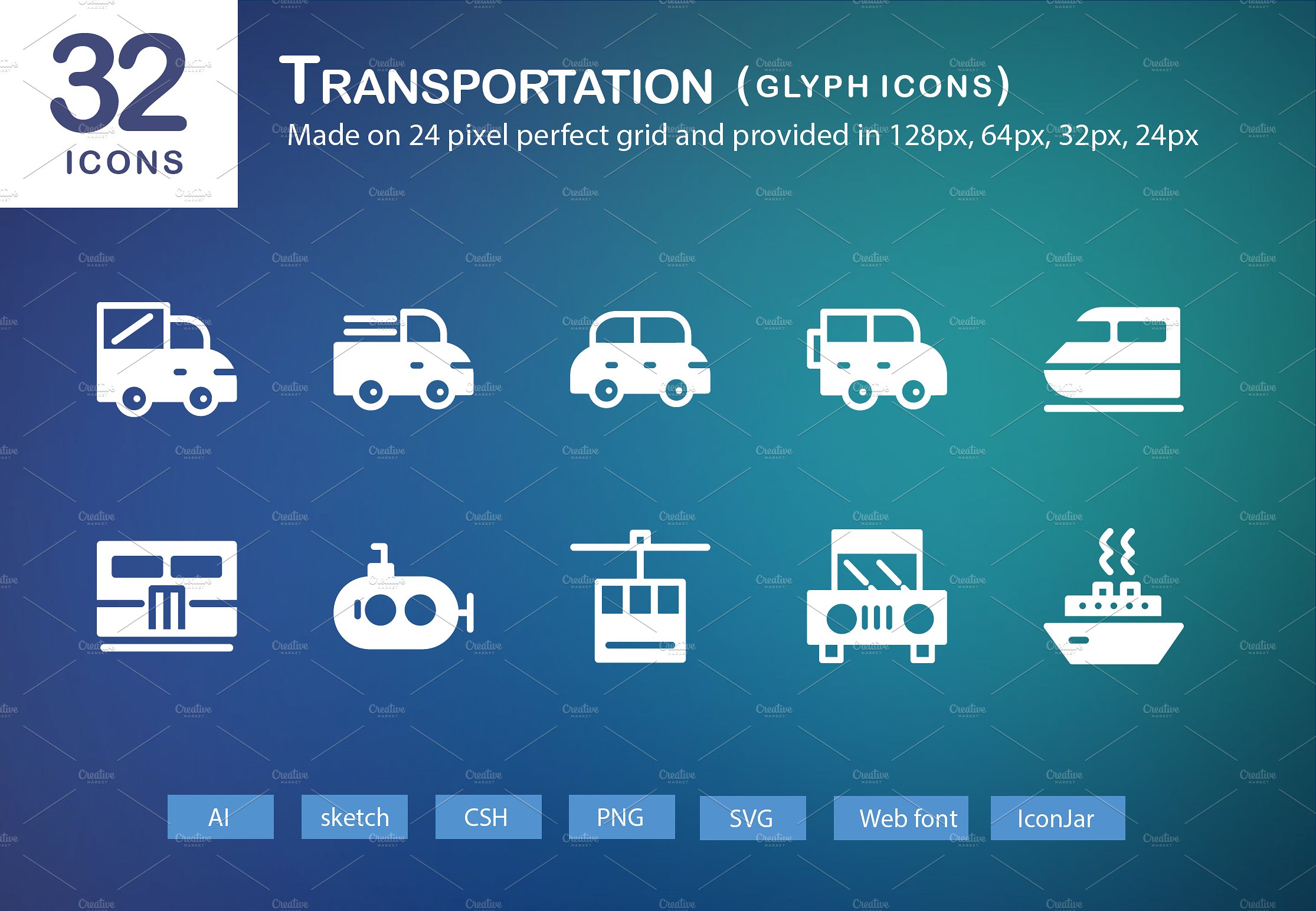 32 Transportation Glyph Icons