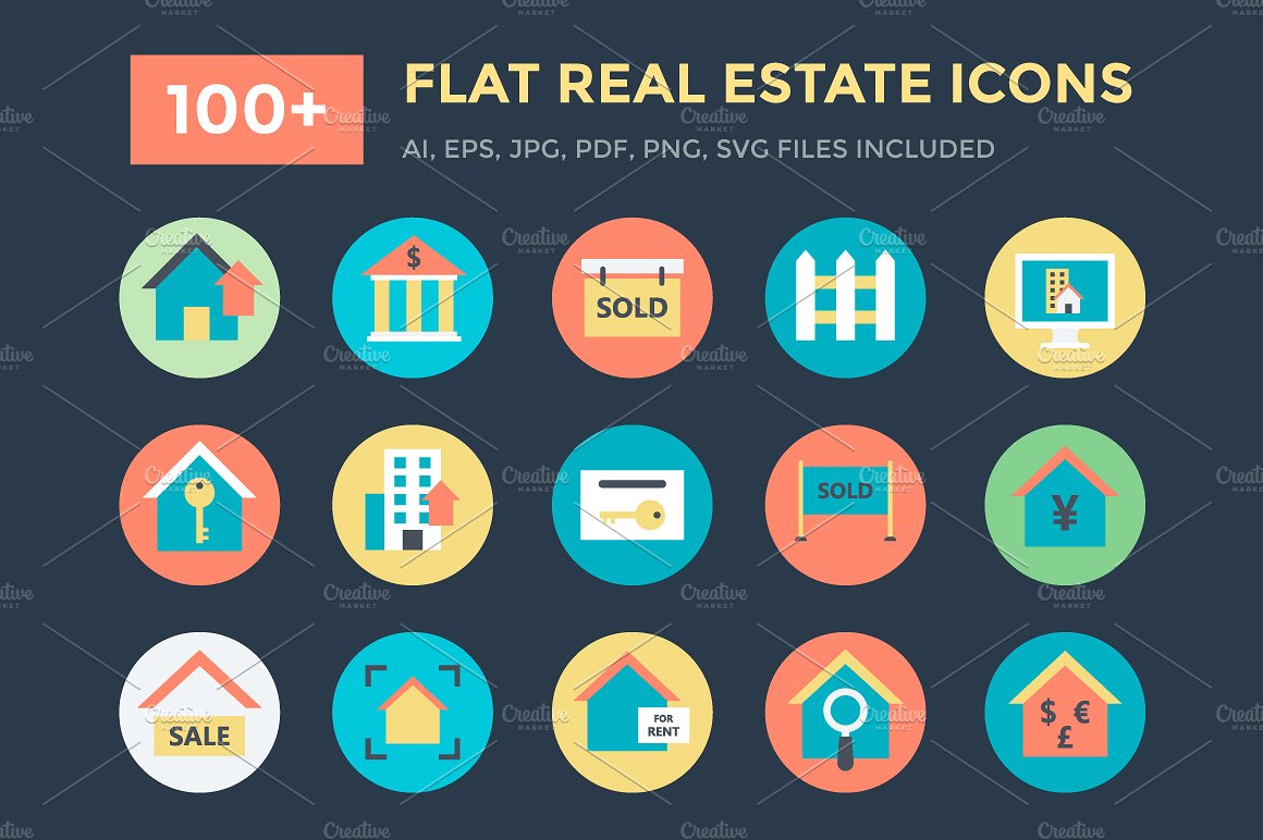 100 Flat Real Estate Icons