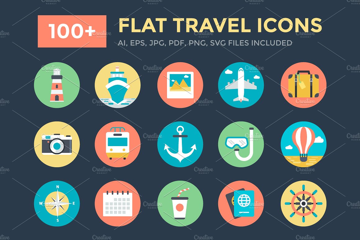 100 Flat Travel Icons