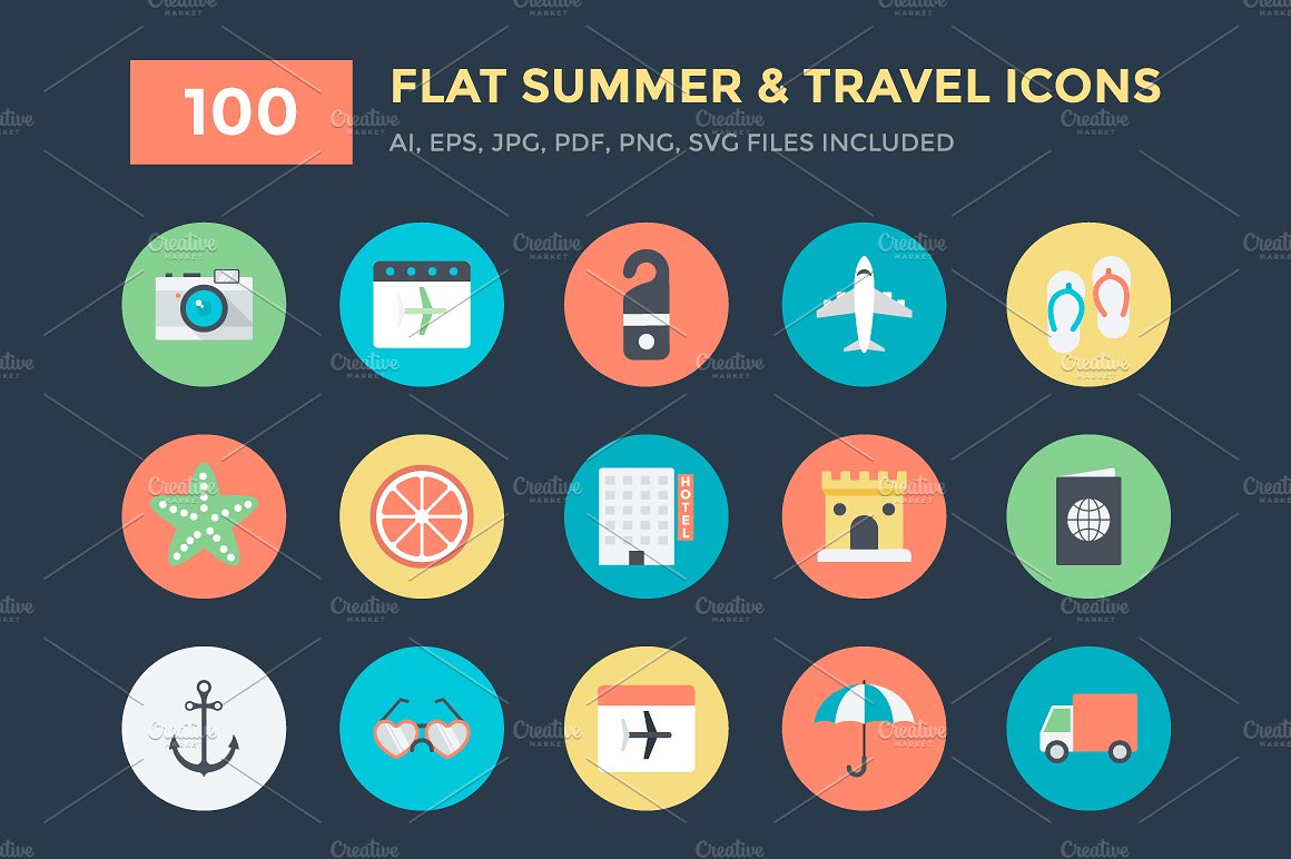 100 Flat Summer and Travel Ico