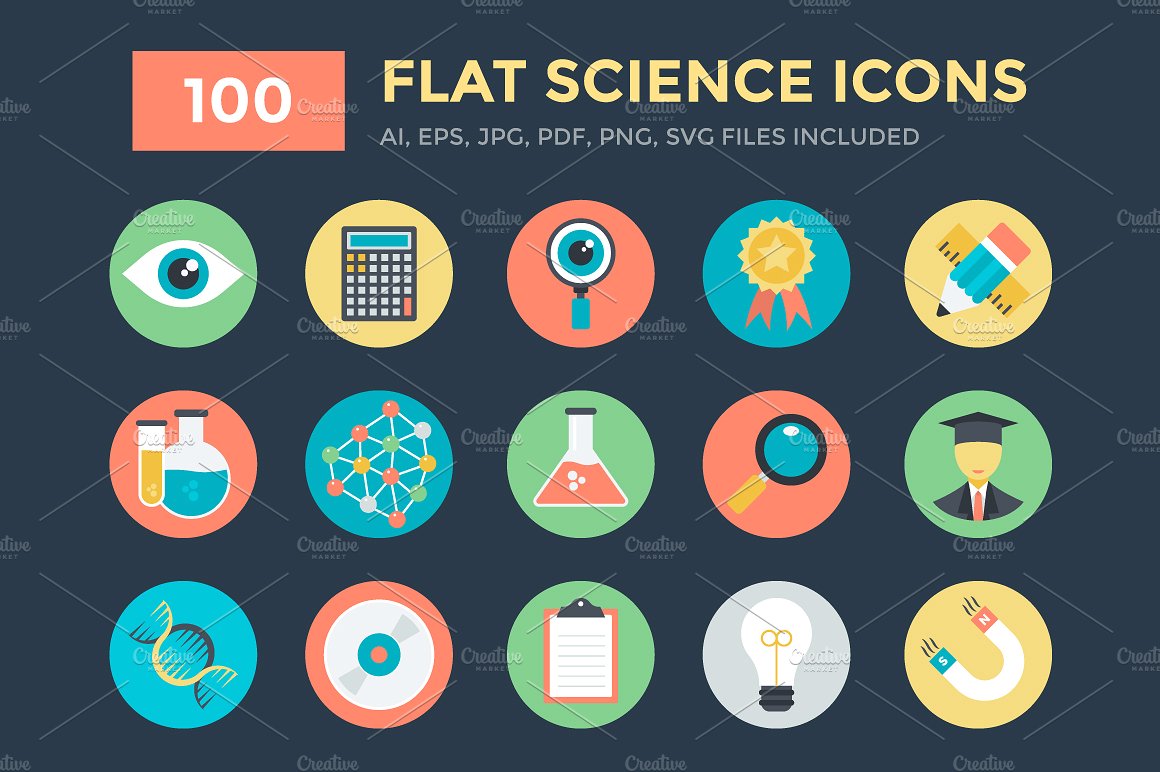 100 Flat Science Icons