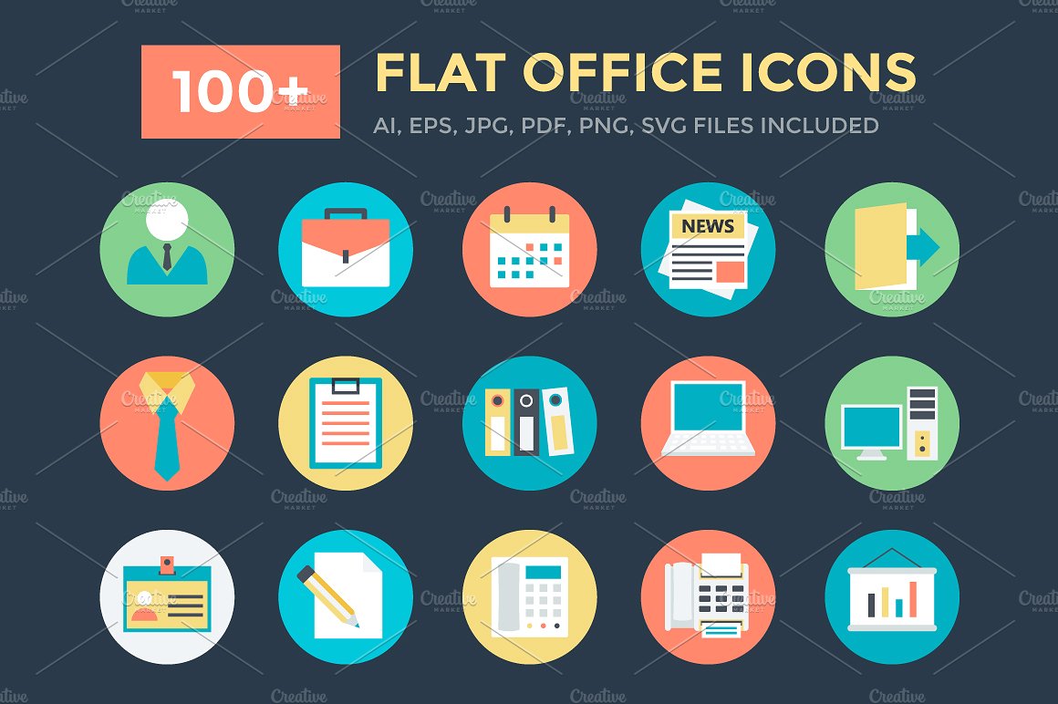 100 Flat Office Icons