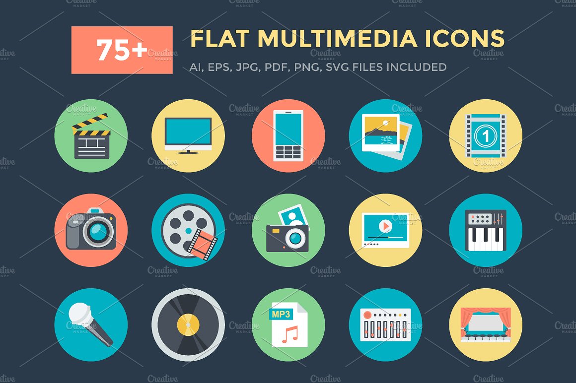 75 Flat Multimedia Vector Ico