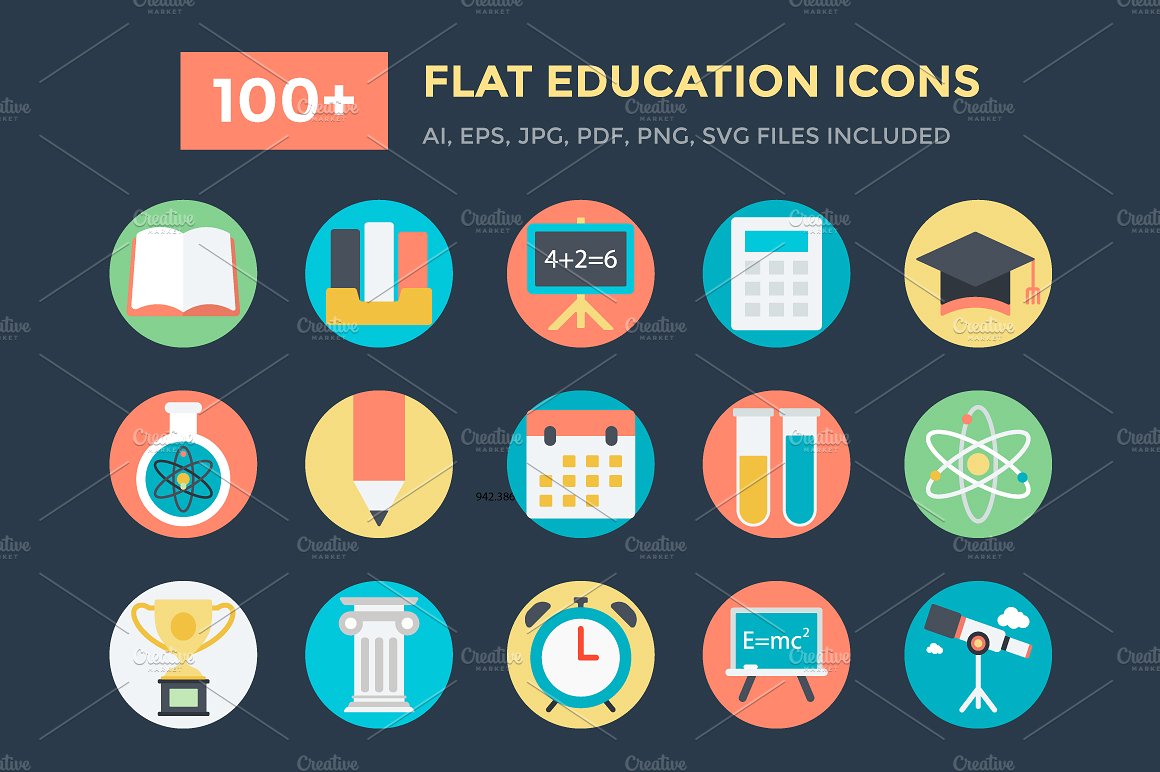 100 Flat Education Vector Ico