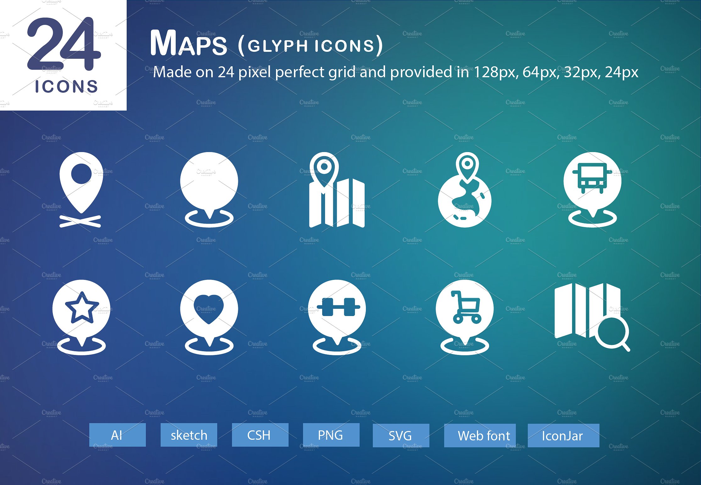 24 Maps Glyph Icons