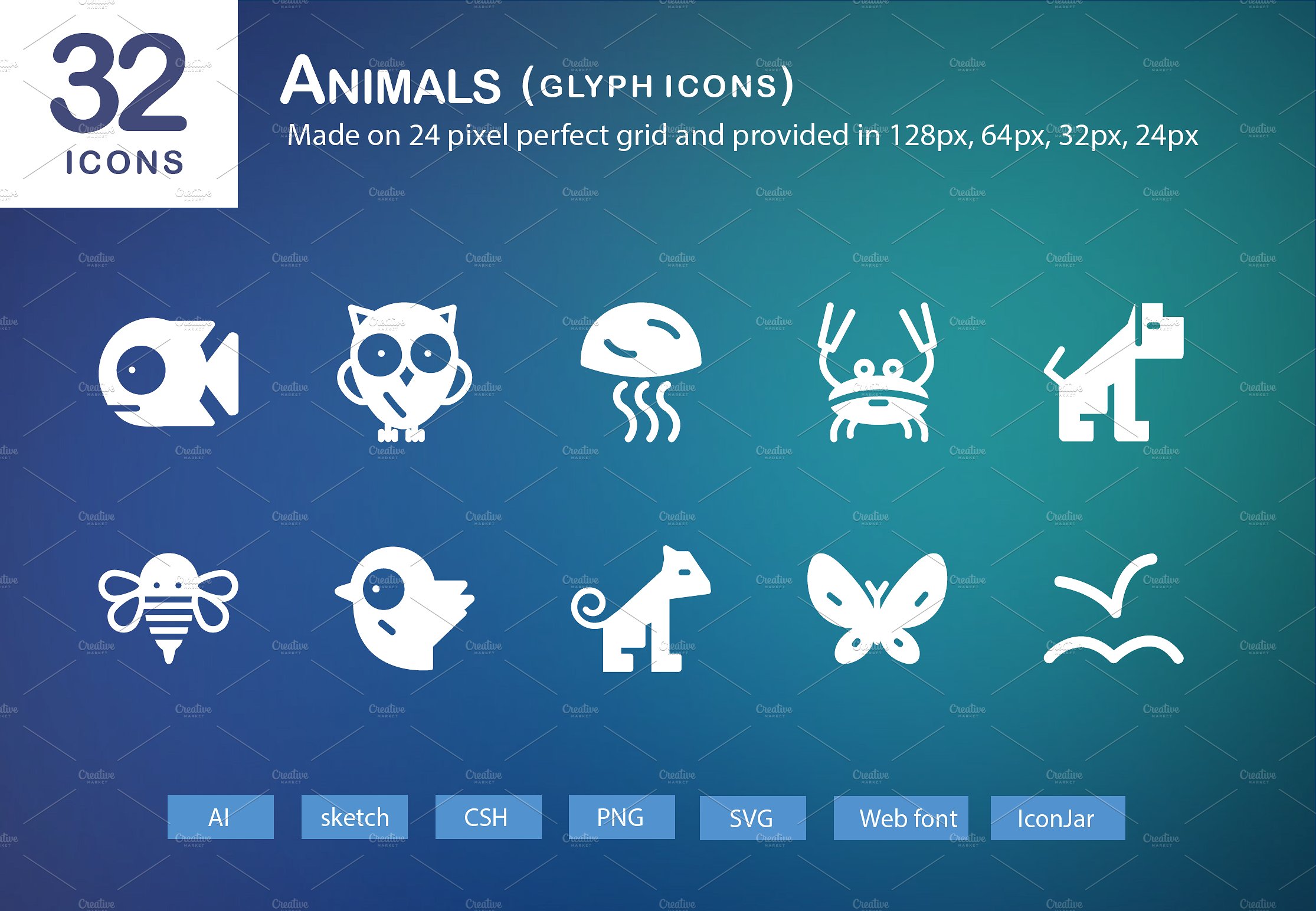 32 Animals Glyph Icons