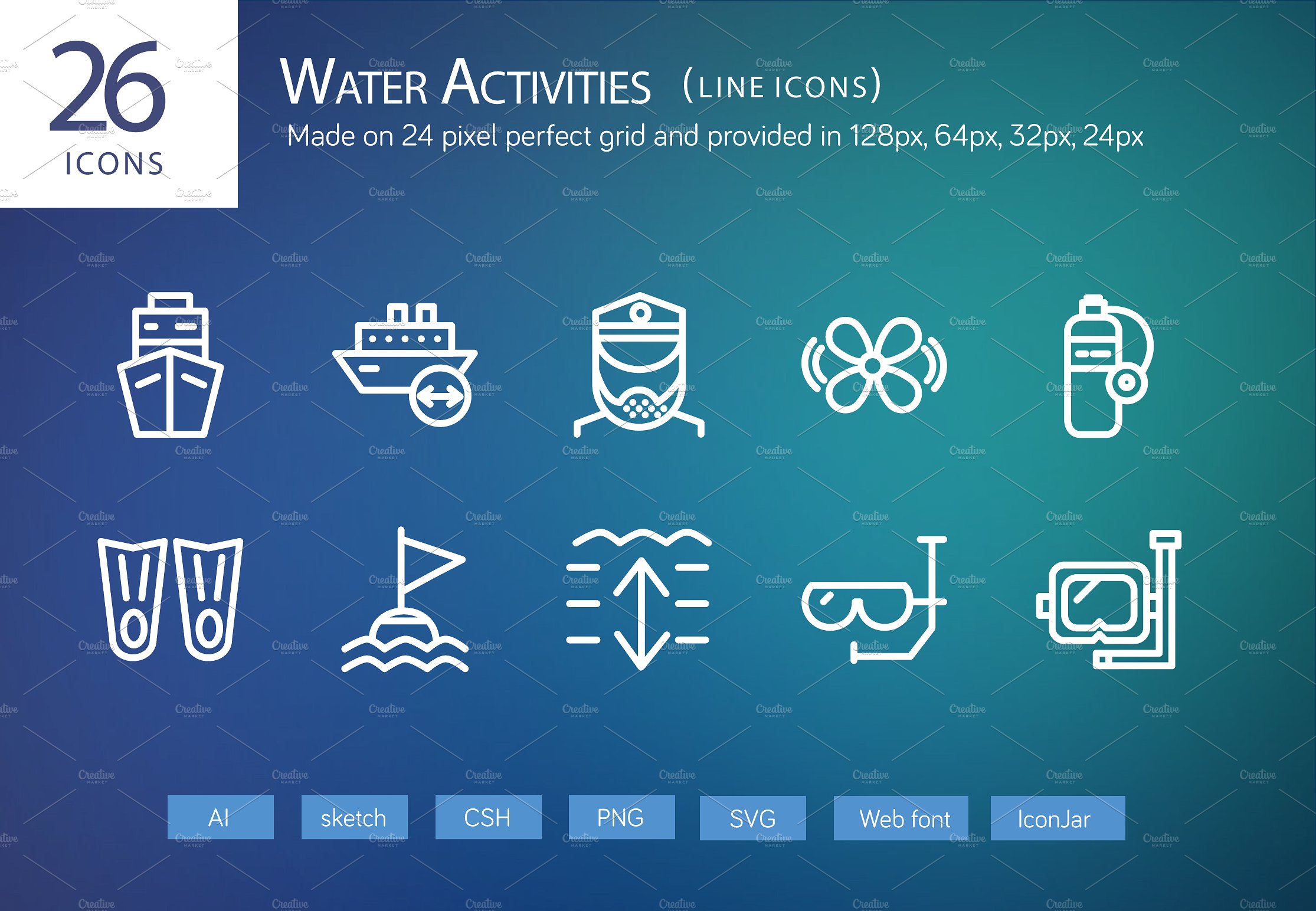 26 Water Activities Line Icons