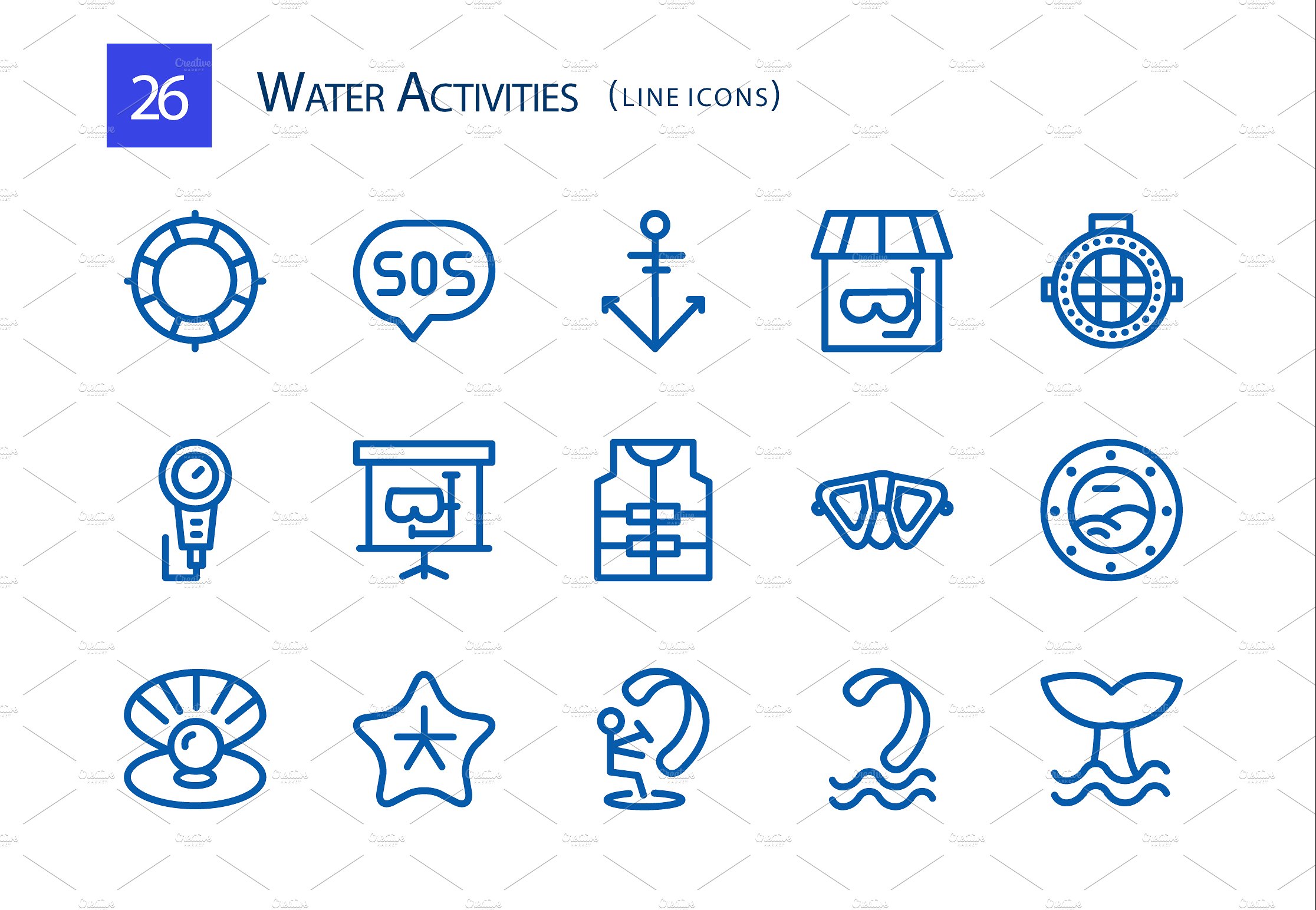 26 Water Activities Line Icons