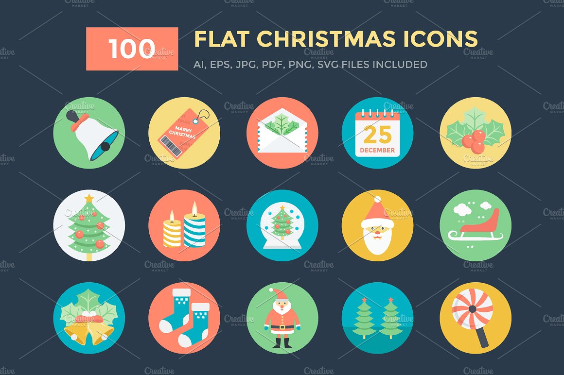 100 Flat Christmas Vector Icon