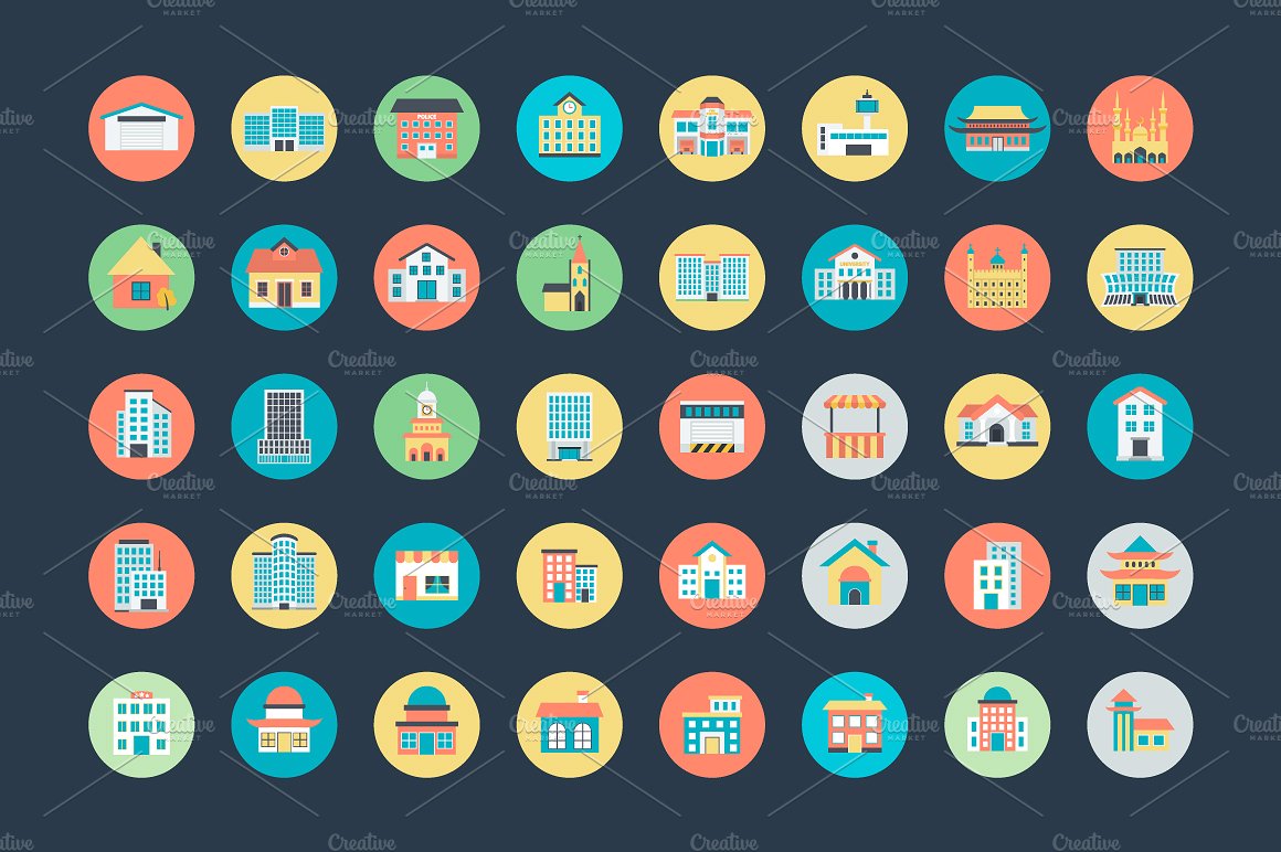 100 Flat Buildings Vector Ico