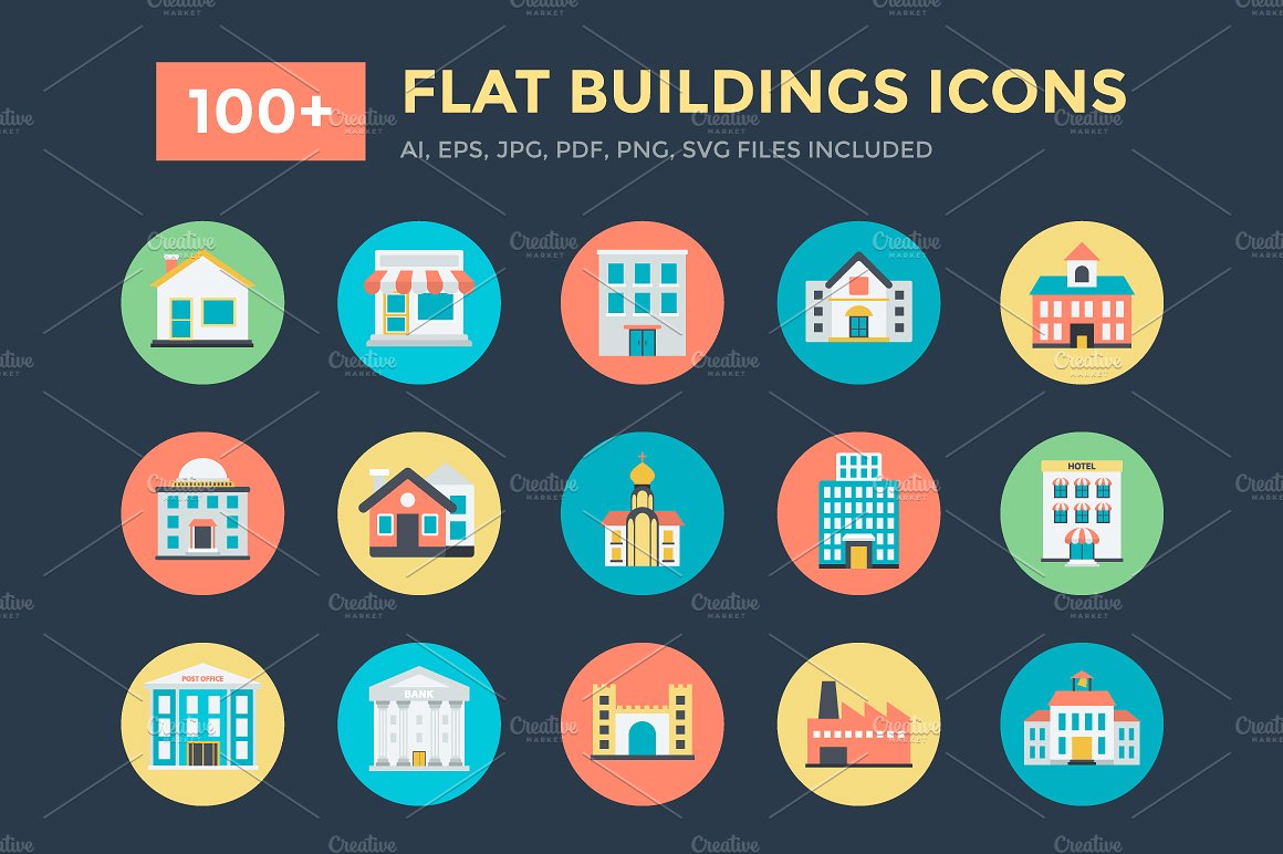 100 Flat Buildings Vector Ico