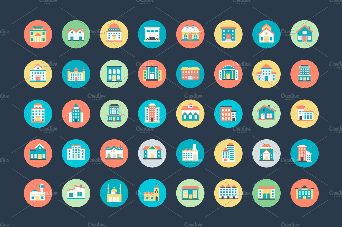 100 Flat Buildings Vector Ico