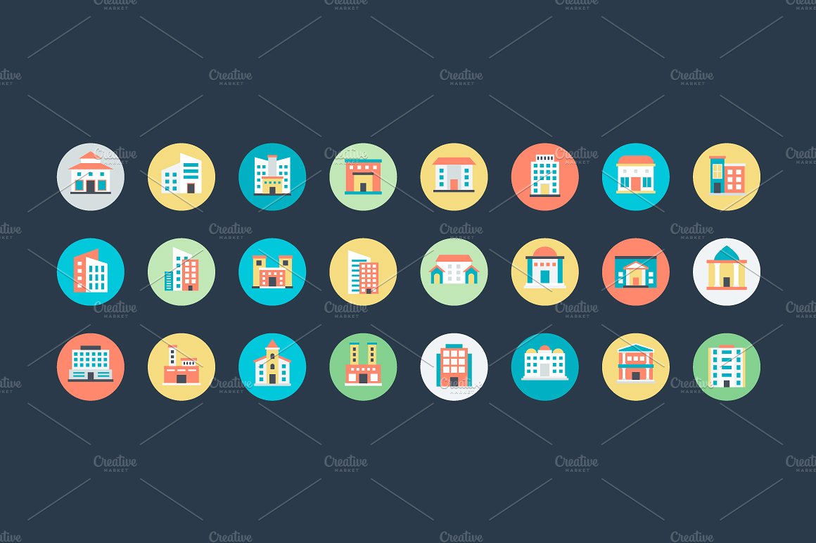 100 Flat Buildings Vector Ico