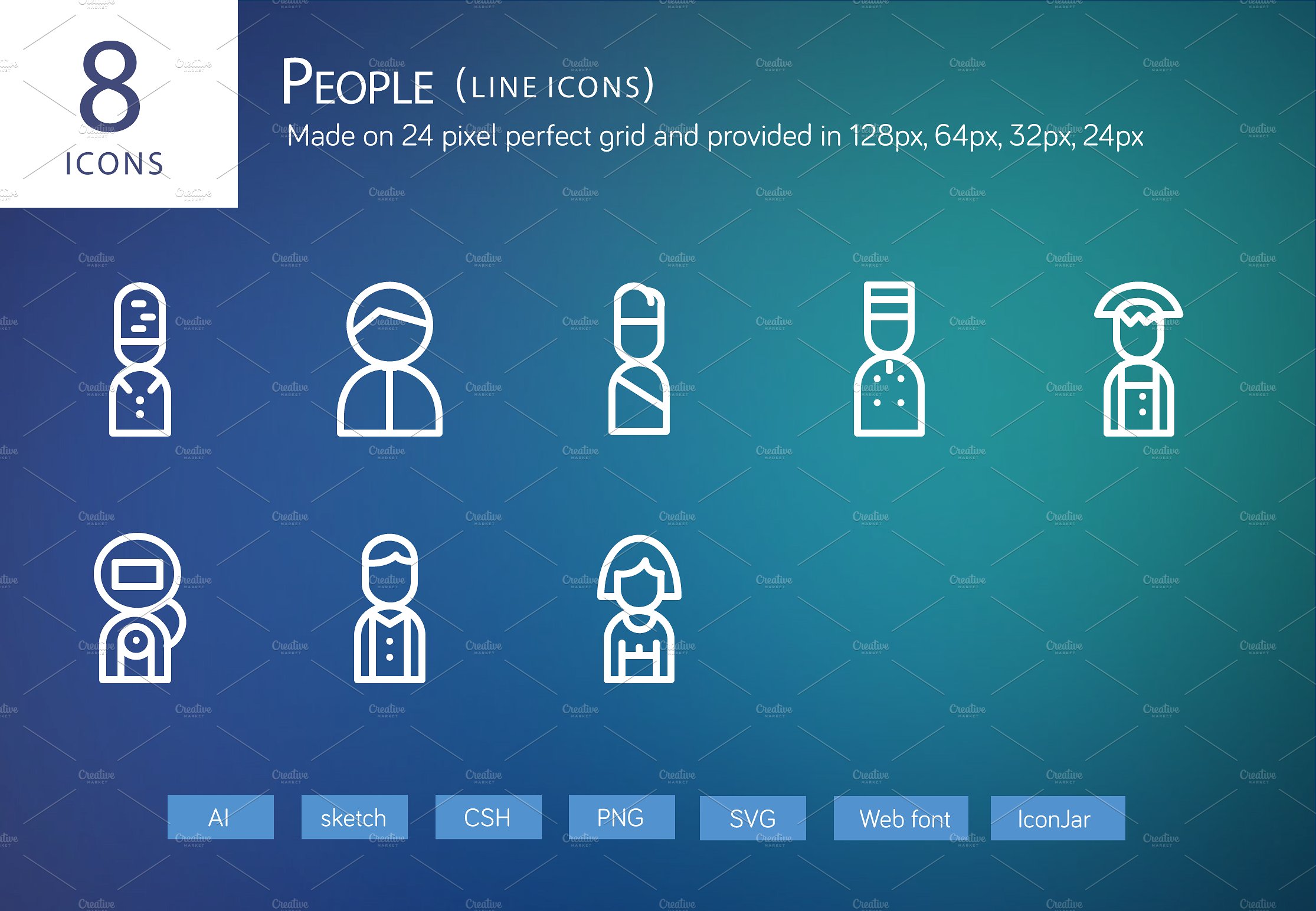 8 People Line Icons