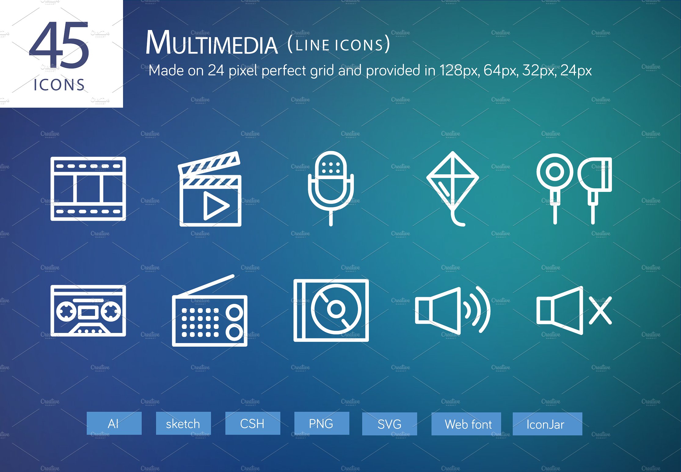 45 Multimedia Line Icons