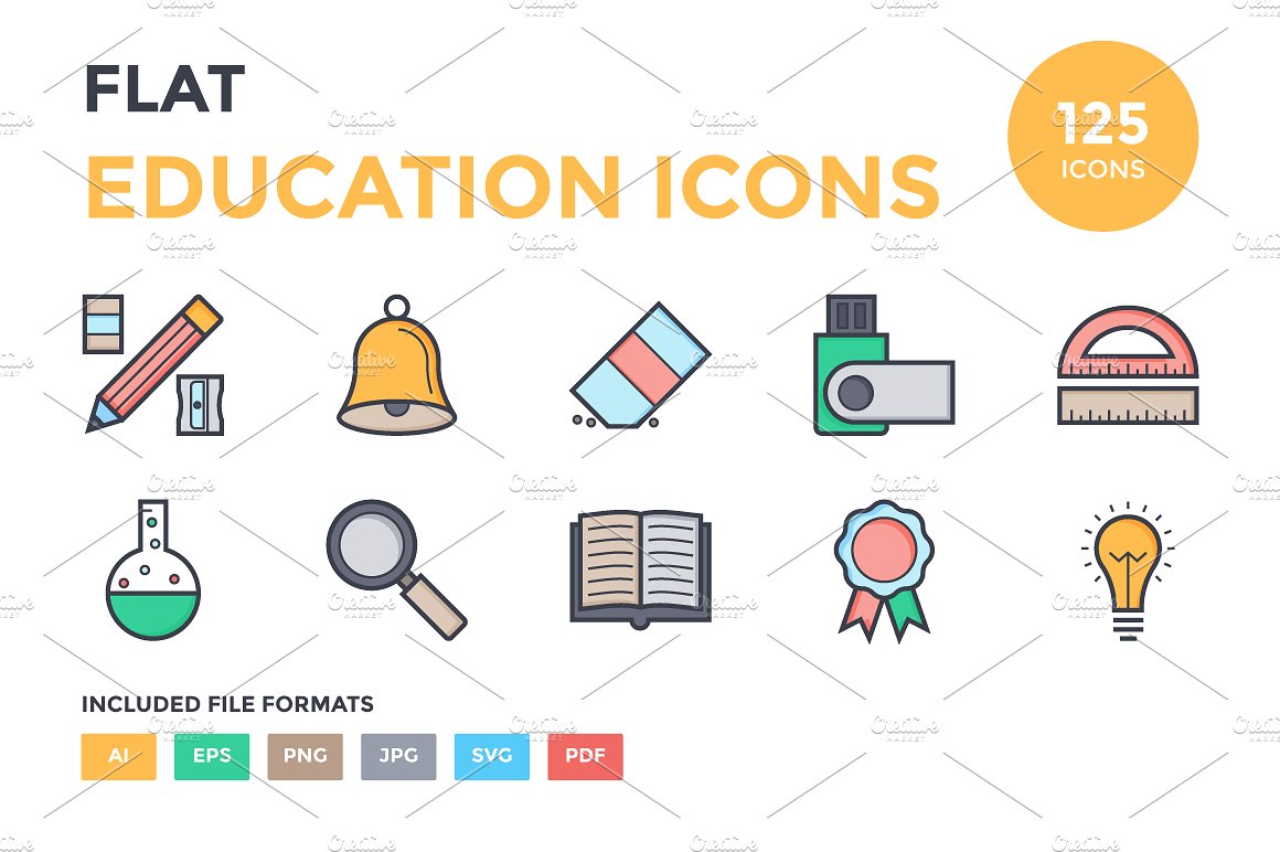 125 Flat Education Icons