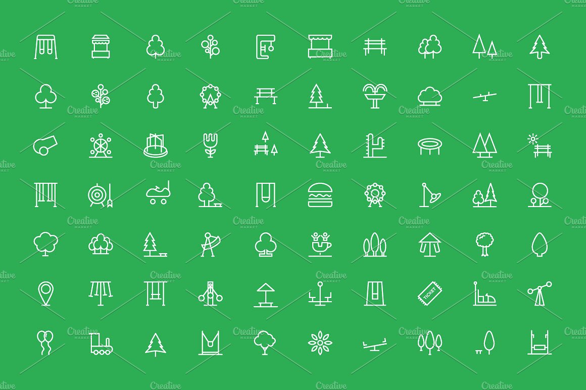 70 Park Outline Icons Set