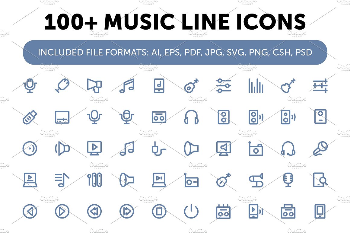 100 Music Line Icons