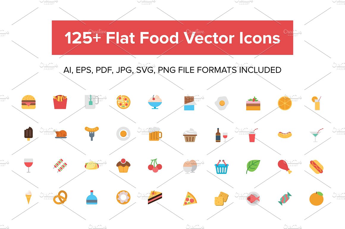 125 Flat Food Vector Icons