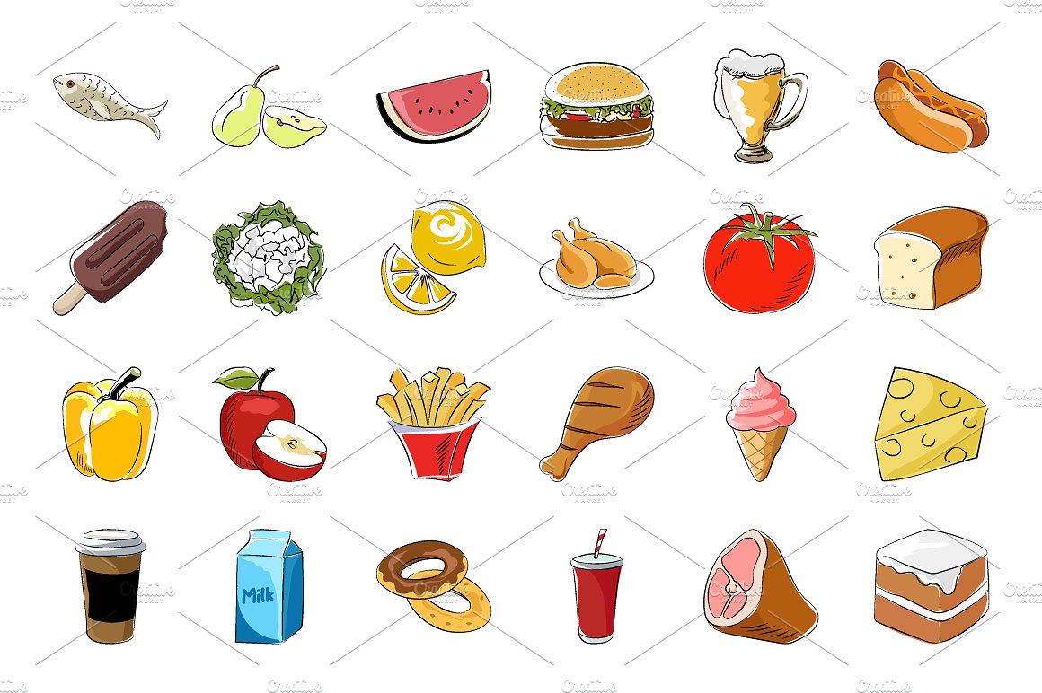 70 Food Sketchy Colored Icons