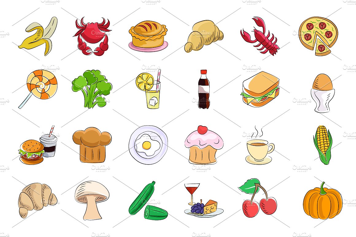 70 Food Sketchy Colored Icons