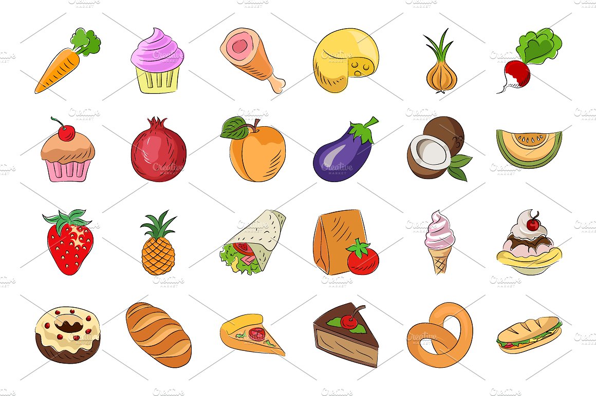 70 Food Sketchy Colored Icons