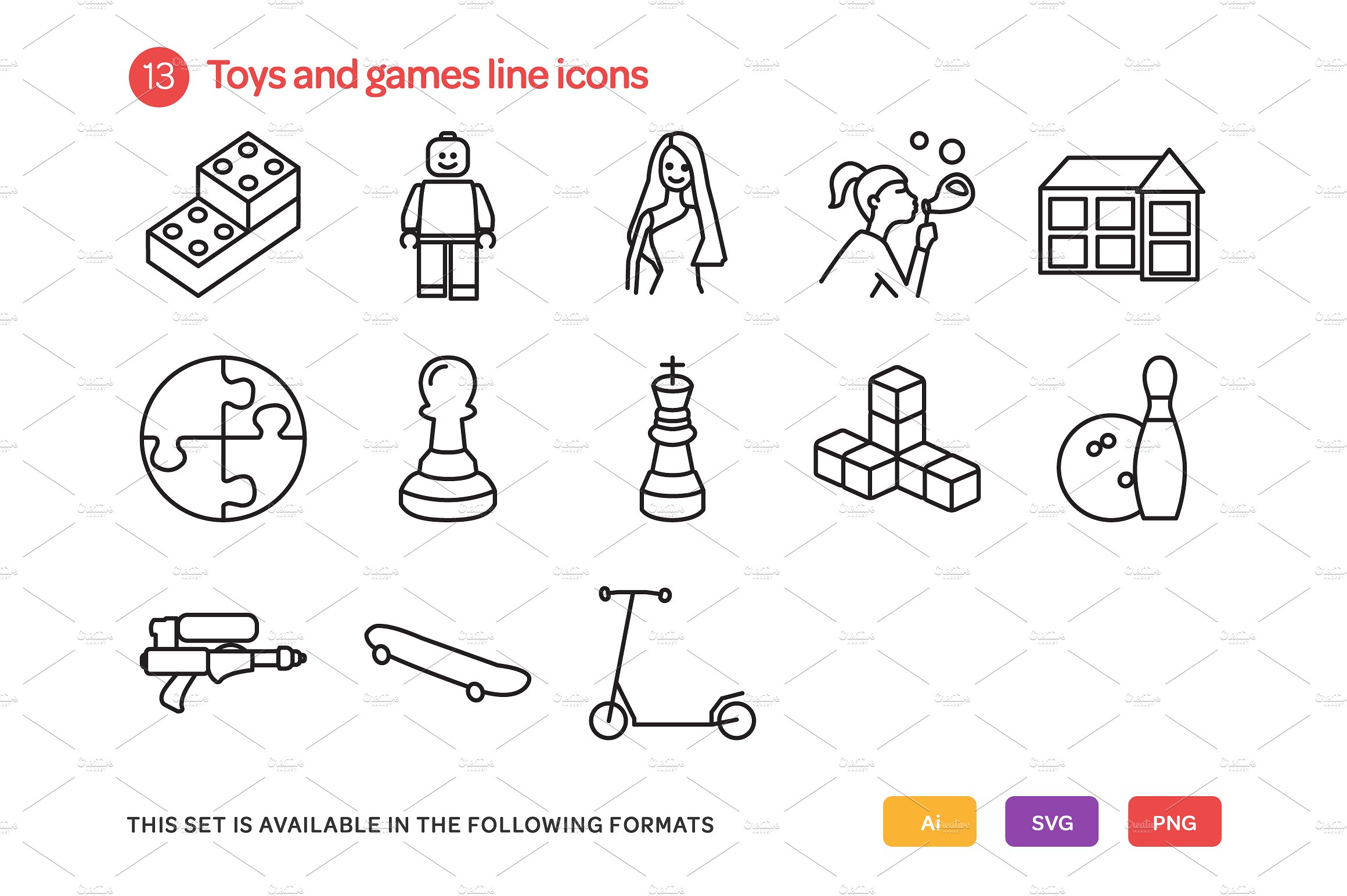 Toys and Games Line Icons Set