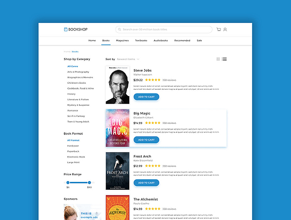 蓝色现代电子商务在线阅读书店服务PSD网页设计模板Books