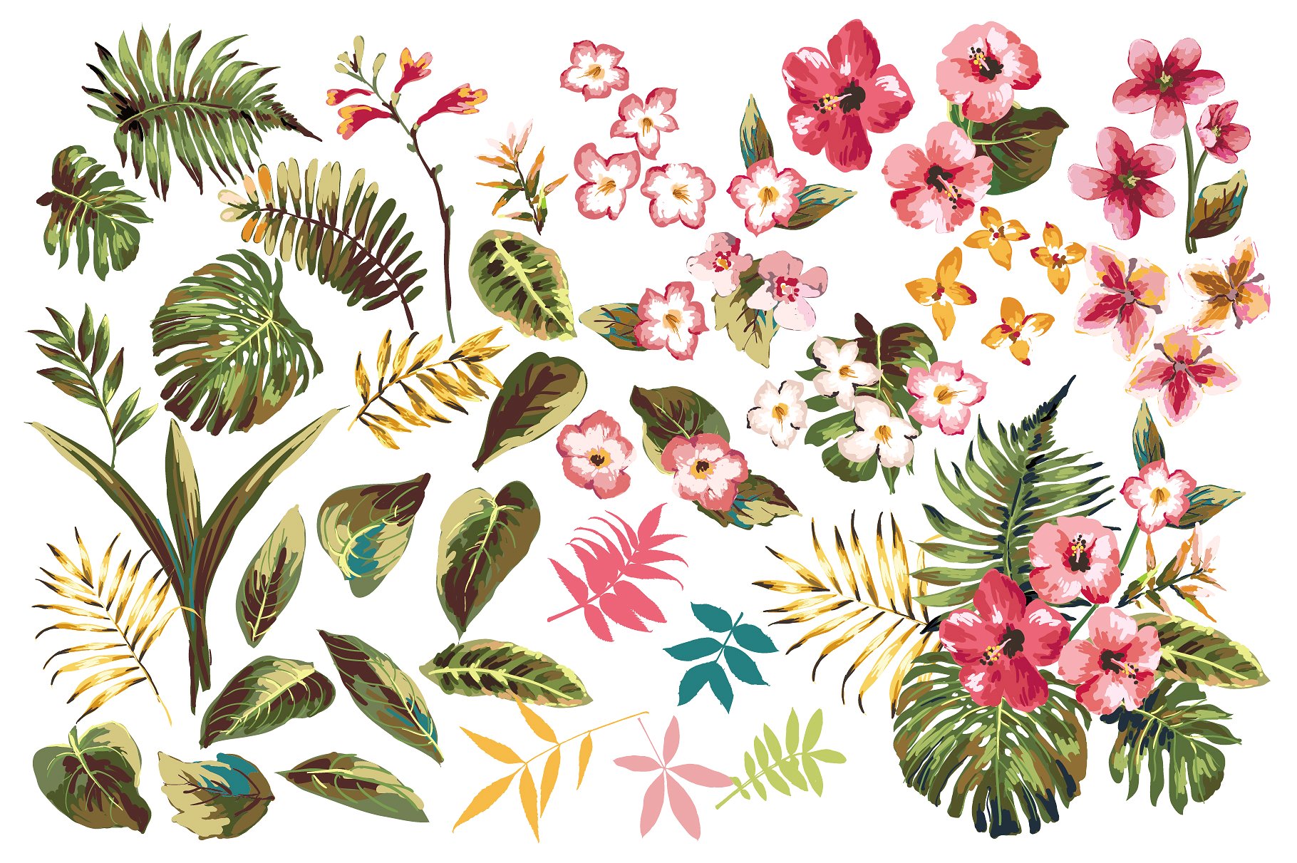 手绘水彩花卉植物设计元素Seamless tropical