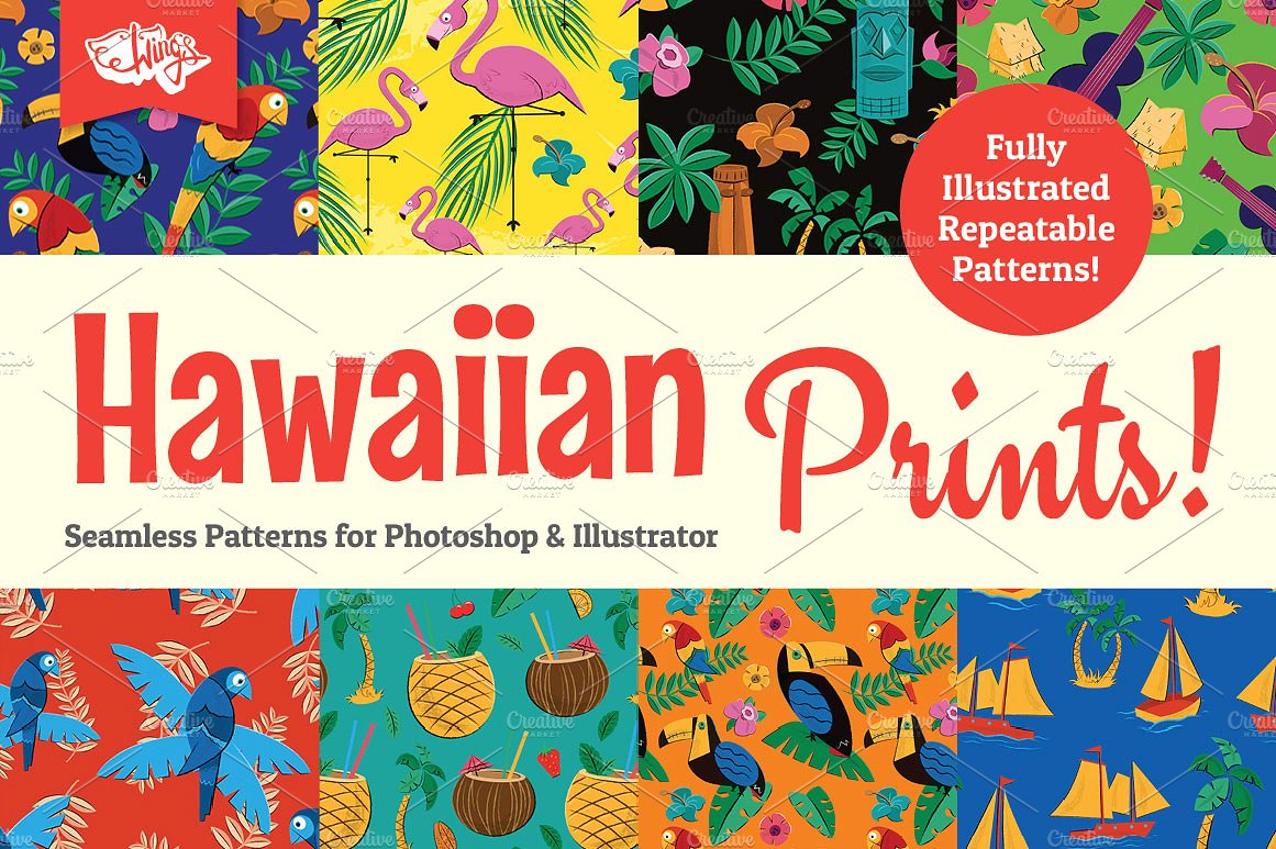 手绘热带植物图案设计背景Hawaiian Prints an